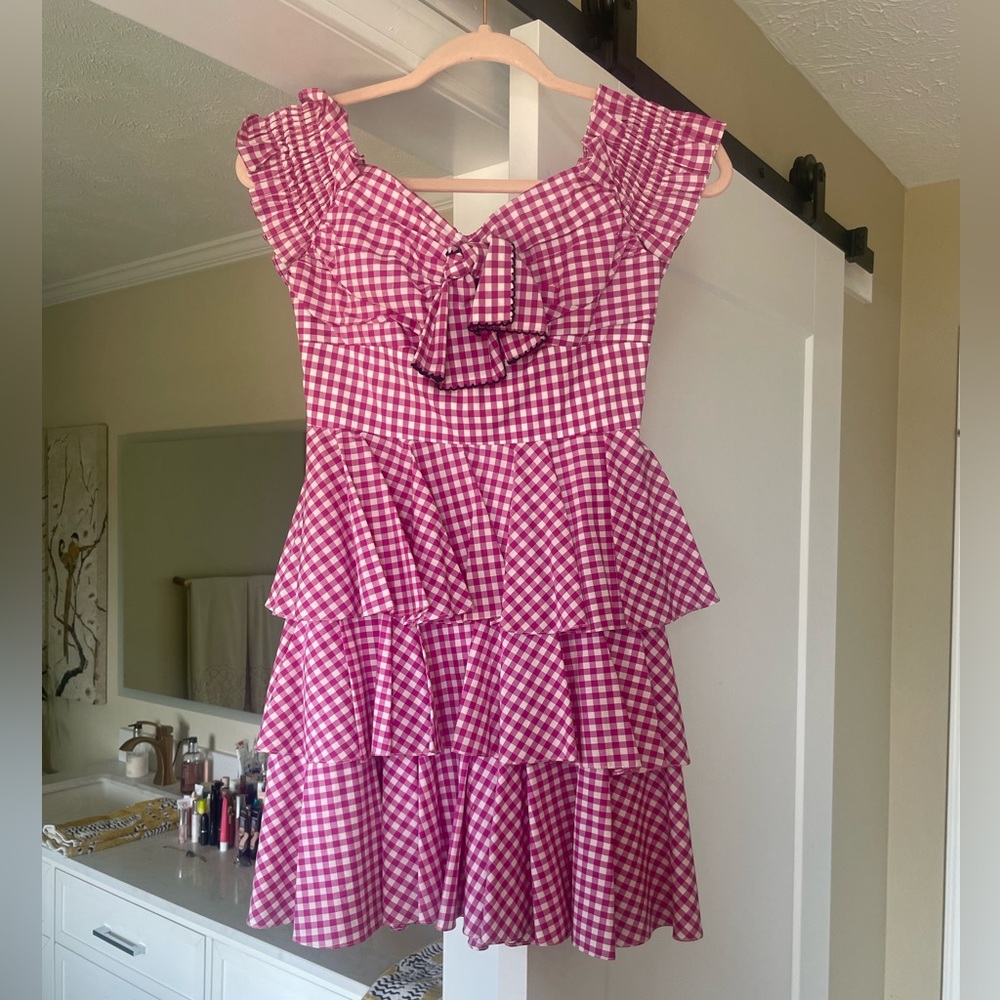 Caroline Constas Plaid Red and White Tiered Ruffled Mini Dress